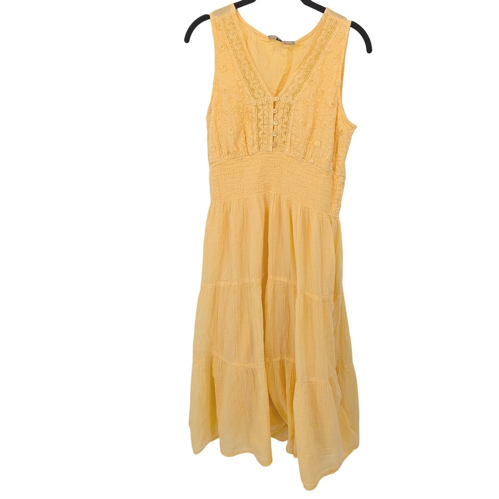Mlle Gabrielle Dress Womens Large Yellow Boho Embroidered Eyelet Smocked‎ Midi